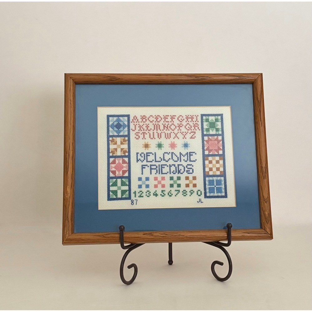 VINTAGE Framed Crossstitch Sampler Quilt Blocks Alphabet Numbers 80's 1987‎